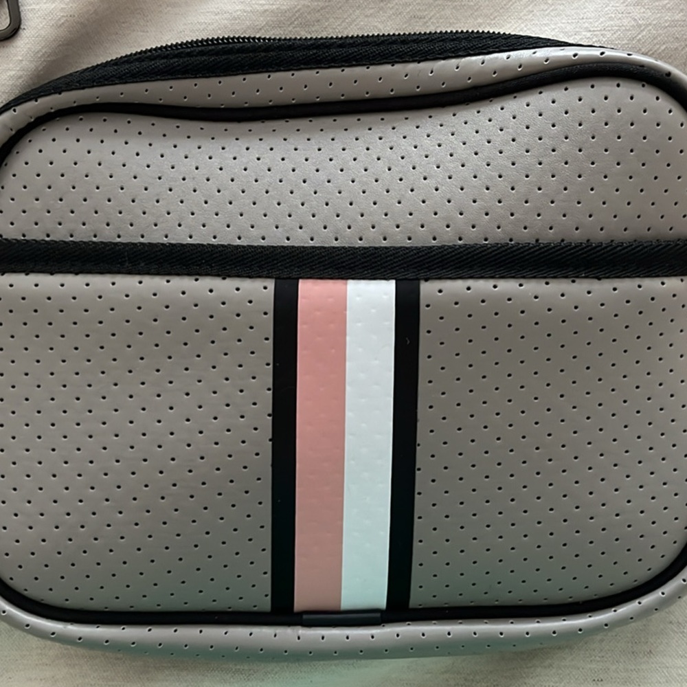 Haute Shore Drew Crossbody Bag in gray with black/white/pink stripe
